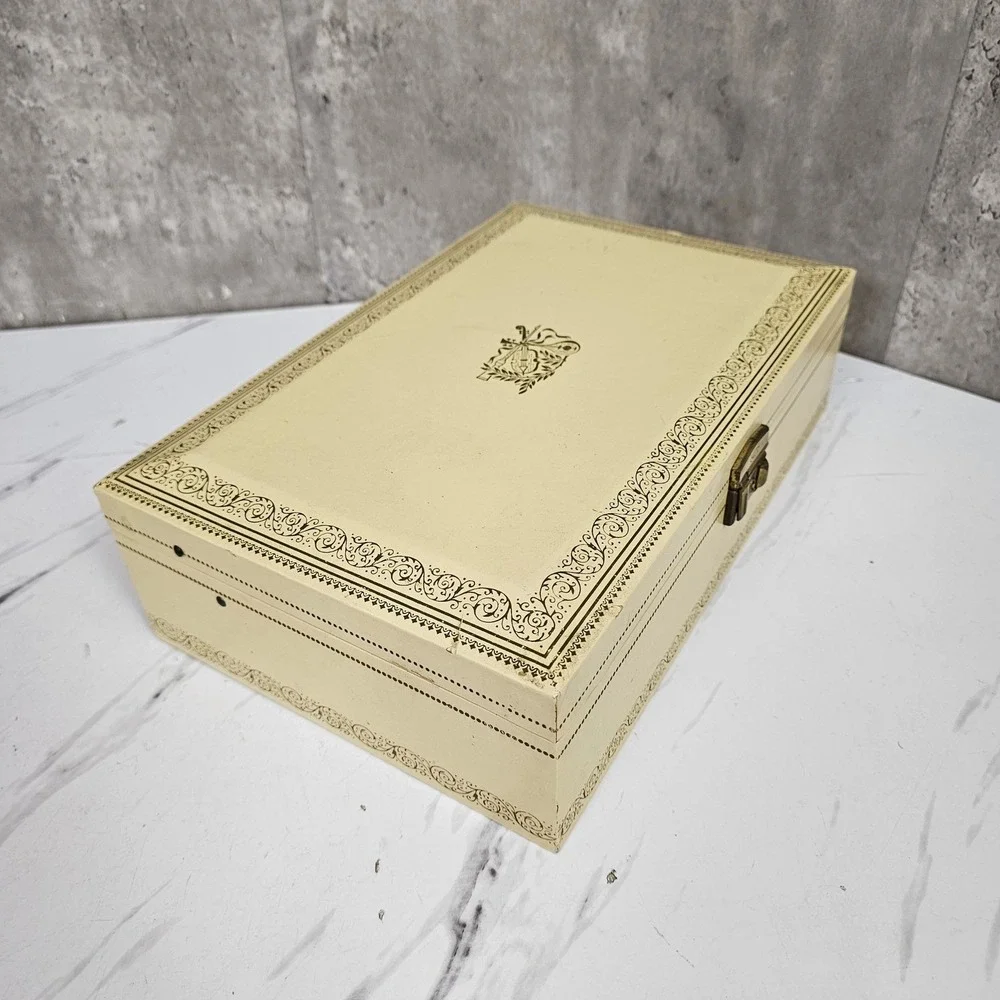 Vintage La Paloma Jewelry Box Cream & Red Velvet Musical Notes Storage Organizer